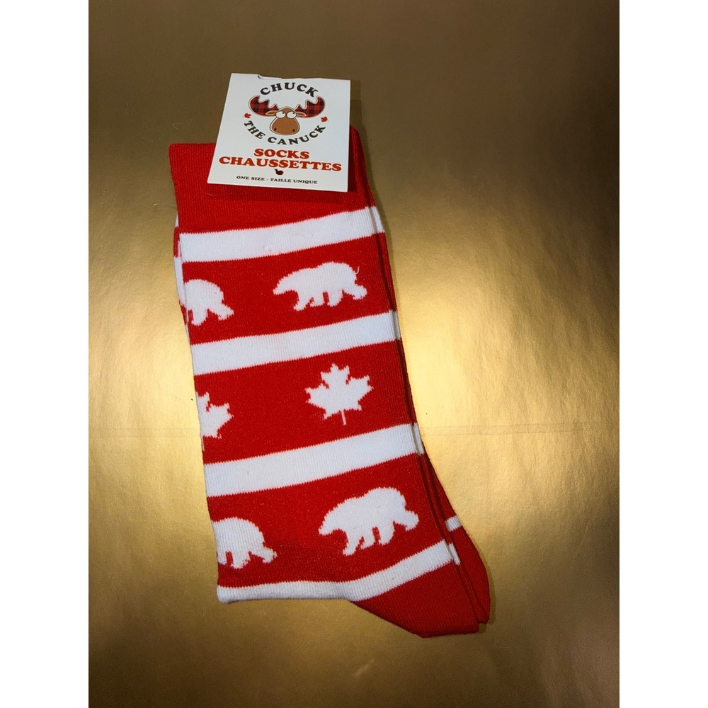 Chuck The Canuck Canada Red White Striped Polar Bear Maple Leaf‎ Crew Socks NWT